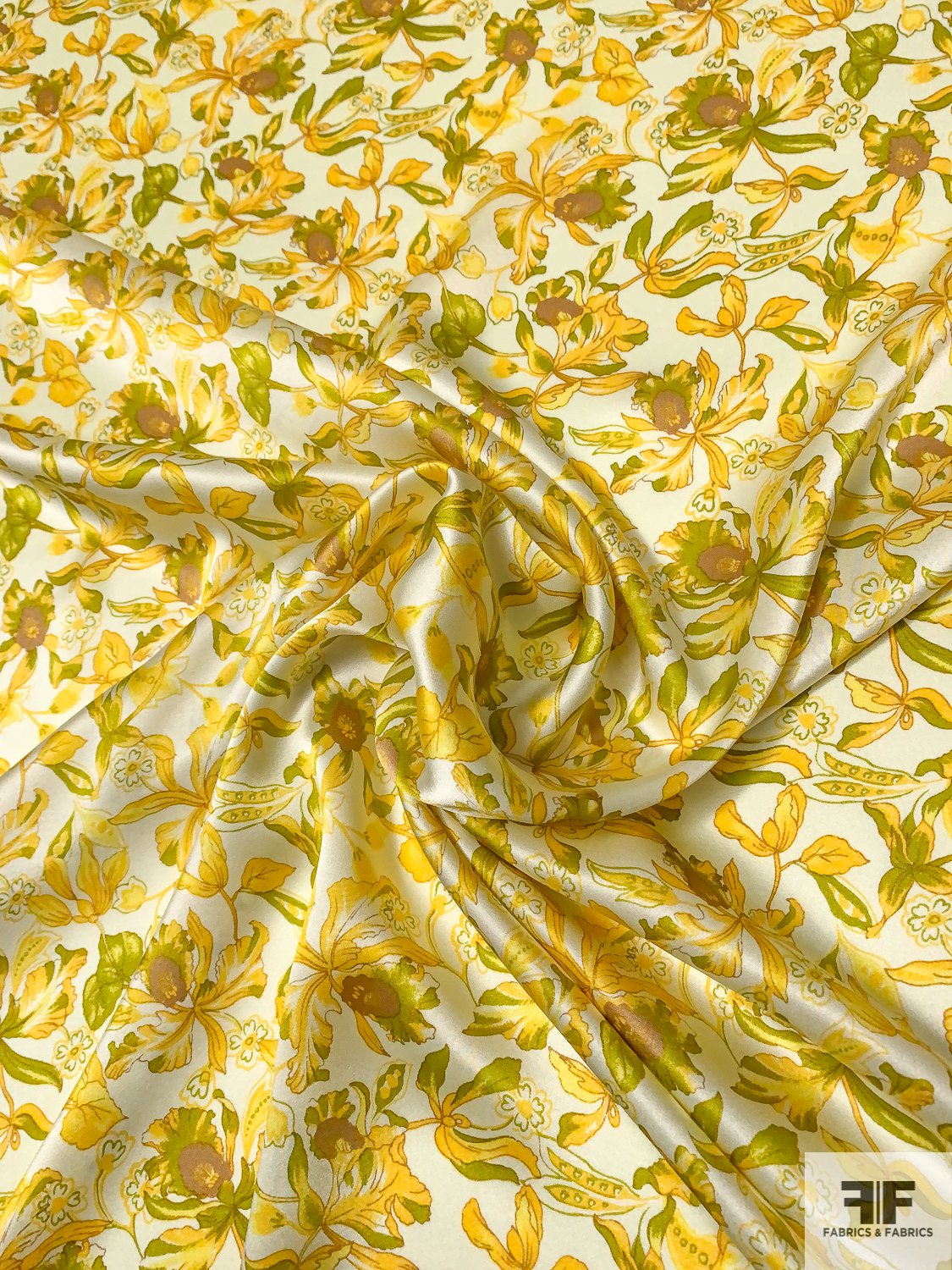 Exotic Floral Printed Silk Charmeuse - Yellow / Electric Olive / Pale Yellow