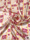 Abstract Linear and Geometric Printed Silk Charmeuse - Deep Magenta / Butter Yellow / Off-White