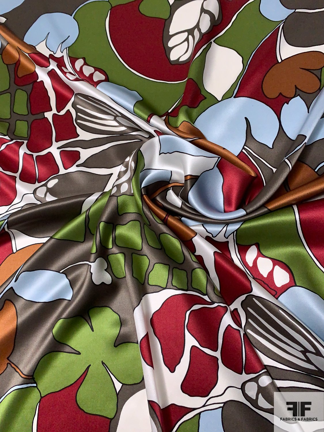 Bold Abstract Leaf and Reptile Printed Silk Charmeuse - Olive Green / Wine Red / Sky Blue / Ash