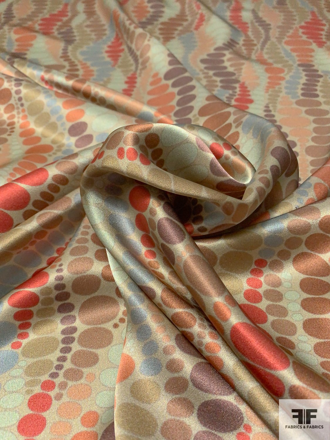 Oval Wavy Striations Printed Silk Charmeuse - Shades of Olive / Mauve / Peach