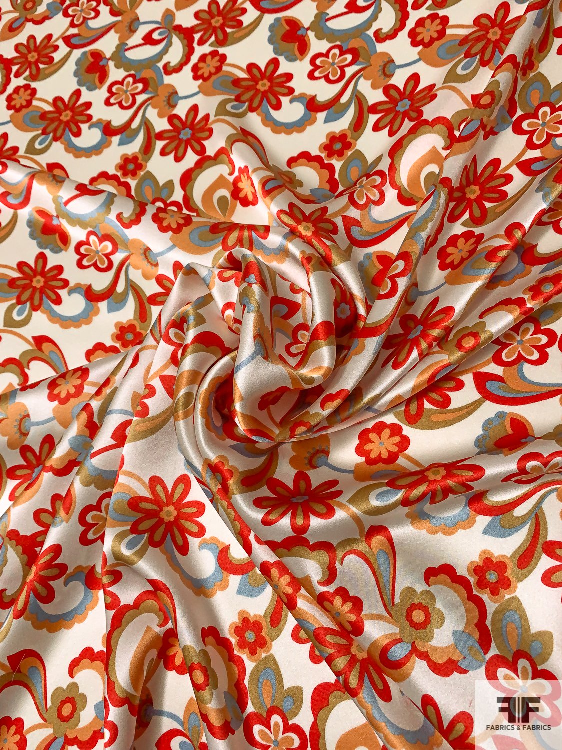 Groovy Floral Printed Silk Charmeuse - Red / Sky Blue / Peach / White