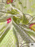 Ornate Floral and Collage Printed Silk Charmeuse - Shades of Green / Yellows / Hot Pink / Off-White