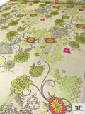 Ornate Floral and Collage Printed Silk Charmeuse - Shades of Green / Yellows / Hot Pink / Off-White