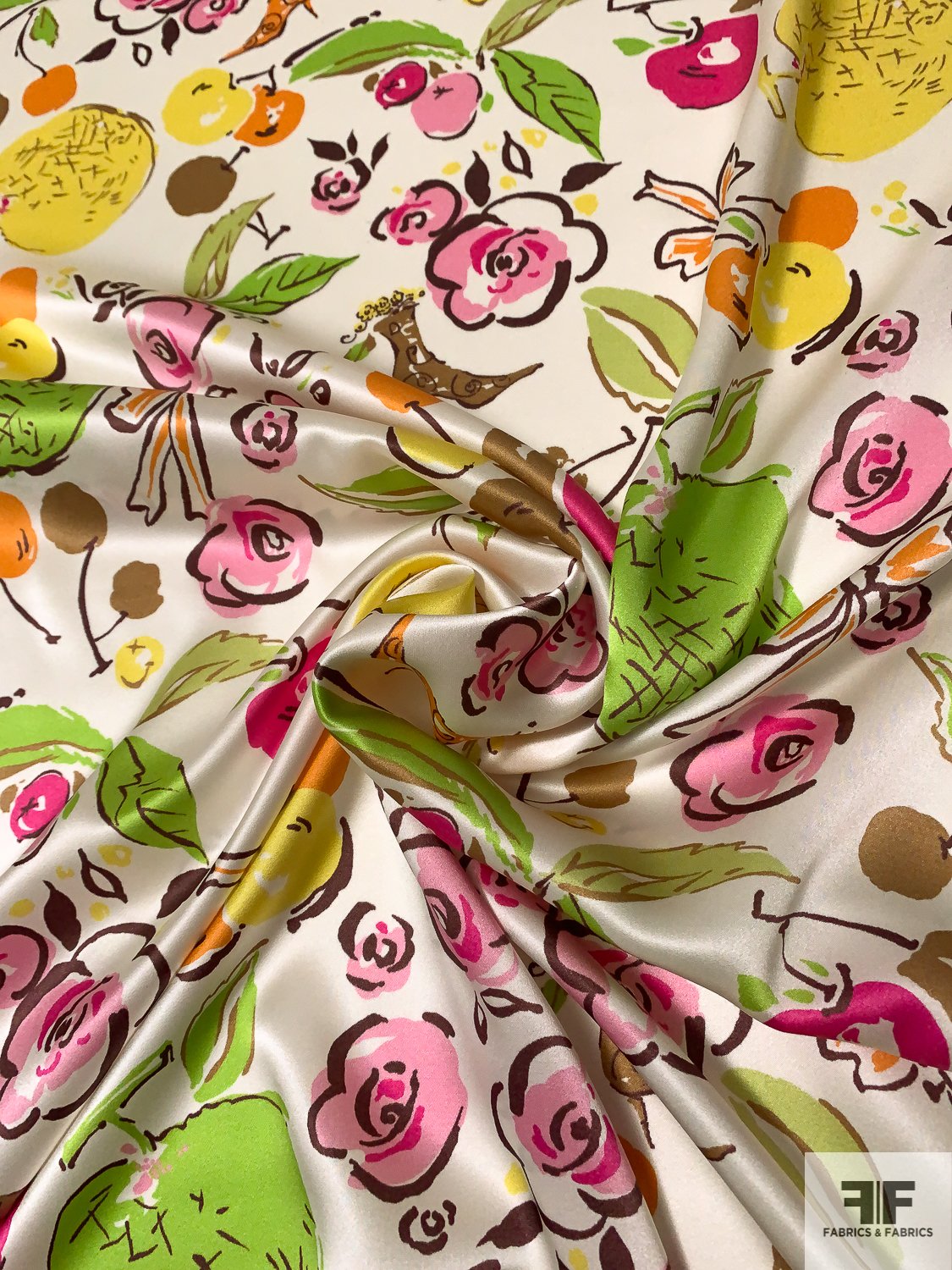 Fruity Watercolor Floral Printed Silk Charmeuse - Lime Green / Orange / Pink / Browns