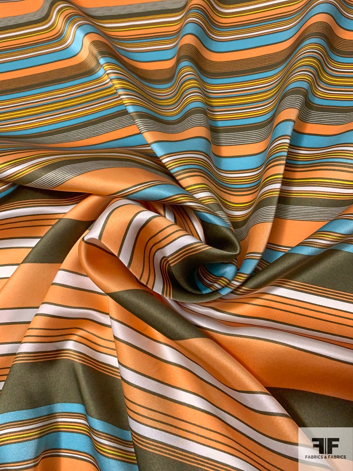 Horizontal Striped Printed Silk Charmeuse - Olive / Peachy-Orange / Ocean Blue / White