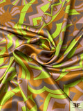 Ethnic Geometric Printed Silk Charmeuse - Lime Green / Caramel / Greys