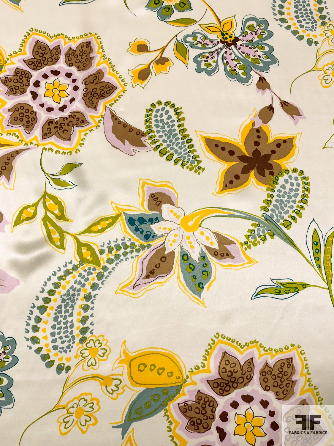 Floral and Leaf Printed Silk Charmeuse - Yellow / Lime / Dusty Teal / Browns / Off-White
