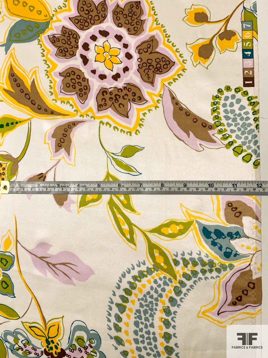 Floral and Leaf Printed Silk Charmeuse - Yellow / Lime / Dusty Teal / Browns / Off-White