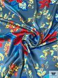 Exotic Floral Printed Silk Charmeuse - Shades of Blue / Red / Yellow / Orange