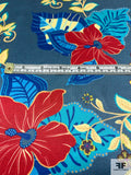 Exotic Floral Printed Silk Charmeuse - Shades of Blue / Red / Yellow / Orange