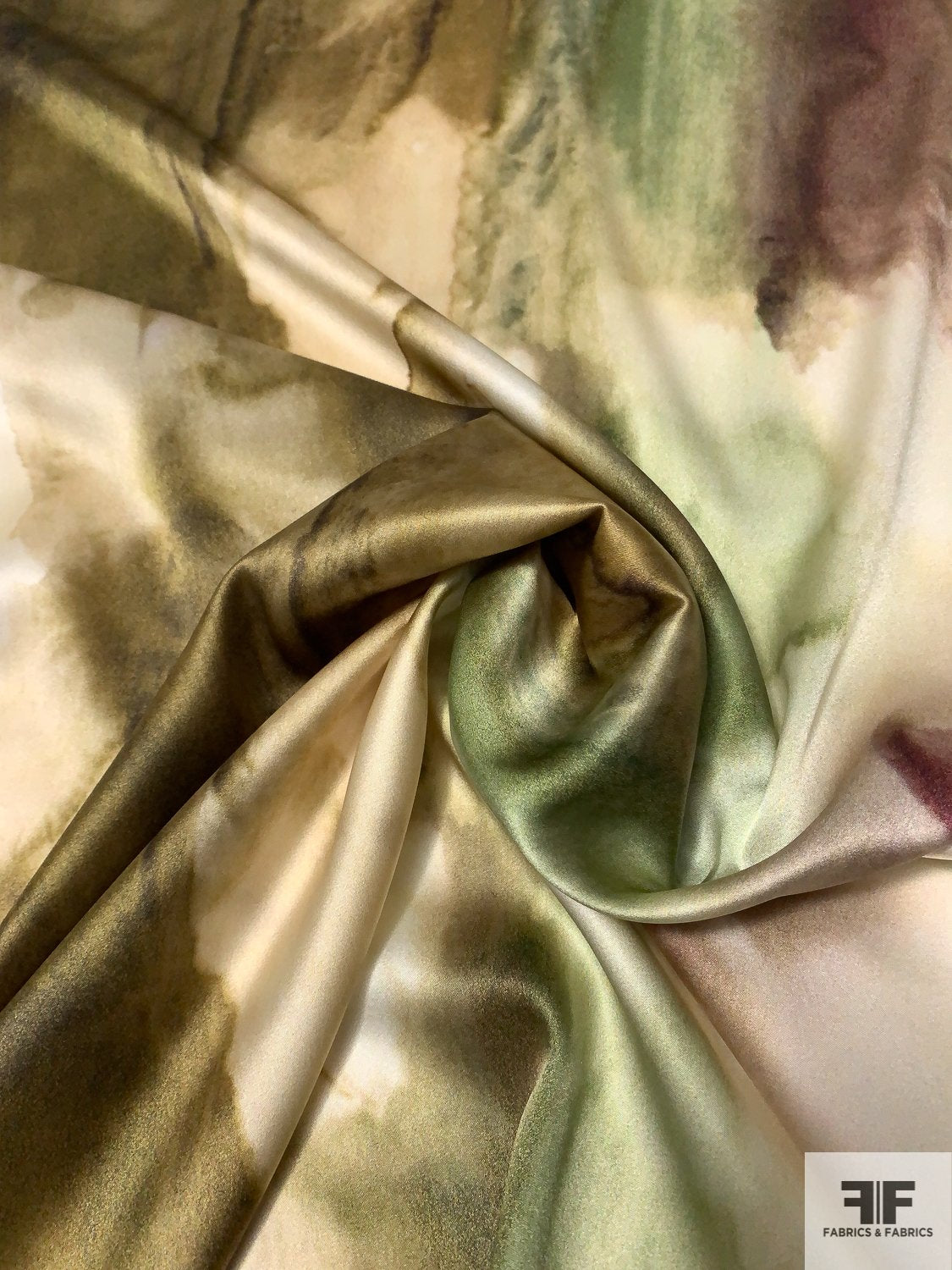 Abstract Painterly Printed Stretch Silk Charmeuse - Shades of Green / Earth