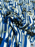 Vertical Striped and Floral Printed Polyester Crepe - Blue / White / Black