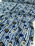 Vertical Striped and Floral Printed Polyester Crepe - Blue / White / Black