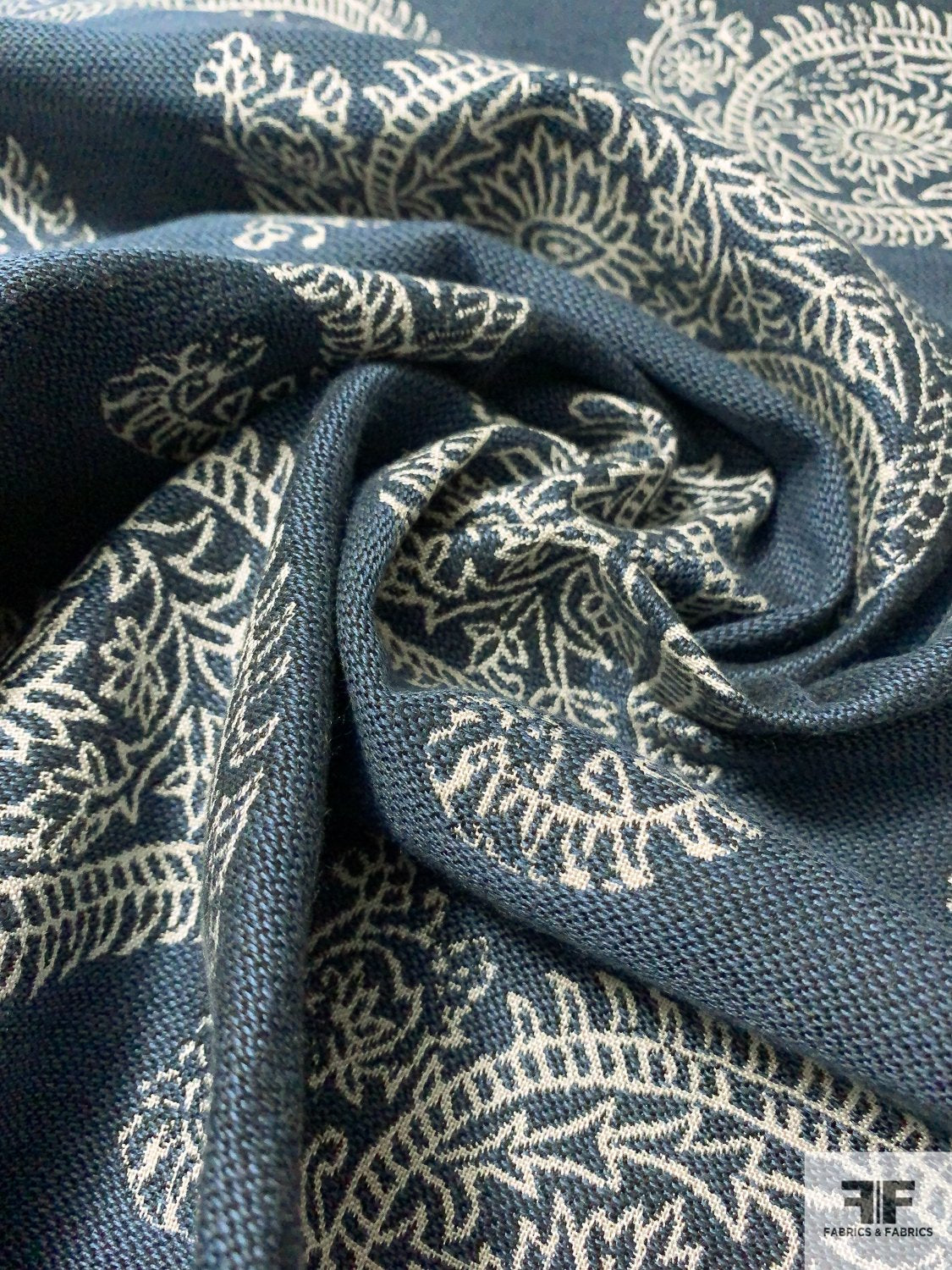 Italian Paisley Embroidered Double-Sided Upholstery Weight Linen - Denim Blue / Sand / Black