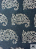 Italian Paisley Embroidered Double-Sided Upholstery Weight Linen - Denim Blue / Sand / Black