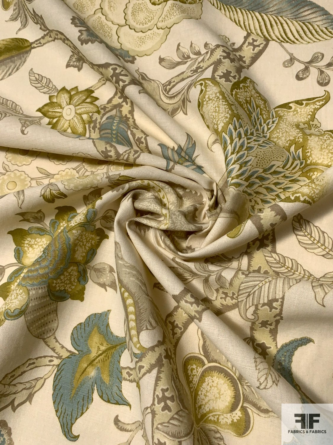 Antique French Floral Garland Linen Cotton Jacquard Fabric ~ Green Ochre  Gold