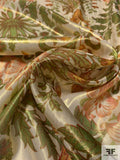 Regal Leaf Floral and Swan Printed Silk and Lurex Lamé - Green / Red / Yellow / Ivory