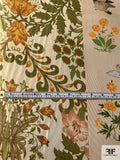 Regal Leaf Floral and Swan Printed Silk and Lurex Lamé - Green / Red / Yellow / Ivory