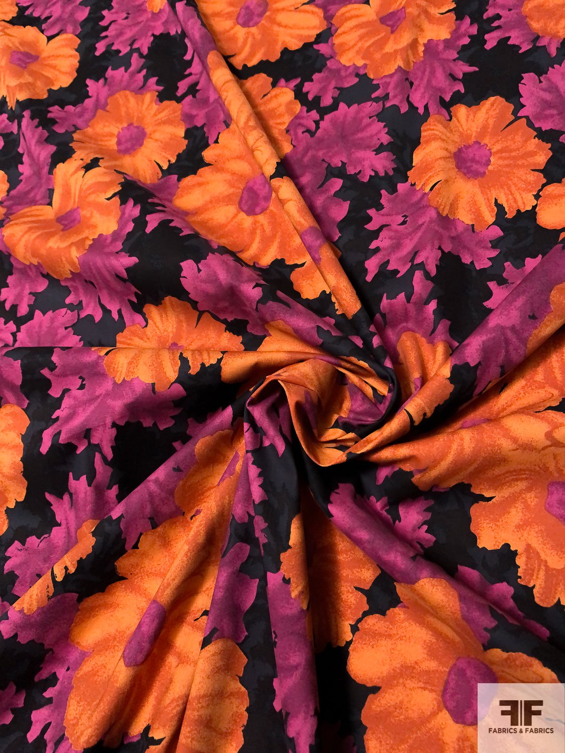 Blossomed Floral Printed Stretch Cotton Poplin - Burnt Orange / Magenta / Black