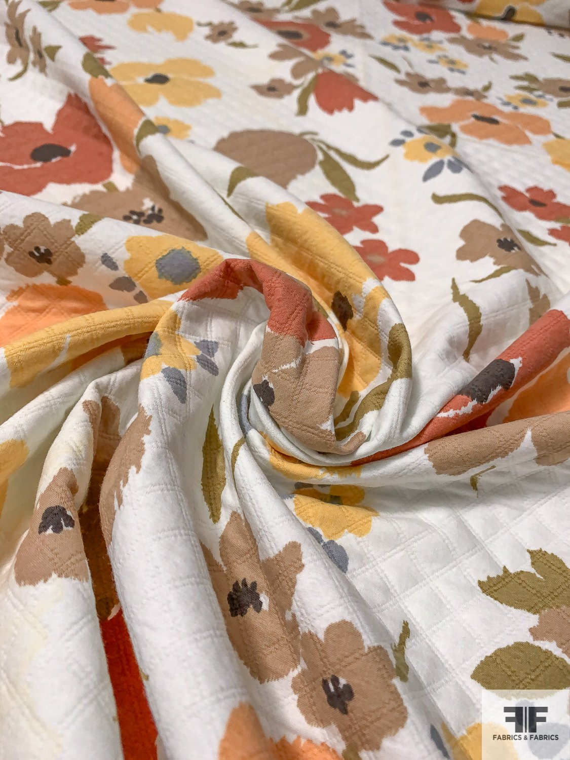 Painterly Autumn Floral Printed Diamond-Pattern Cotton Pique - Tan / Olive / Dusty Rose / Dusty Yellow / White