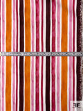 Italian Painterly Watercolor Vertical Striped Printed Stretch Cotton Sateen - Orange / Berry / Pink / Brown / Off-White