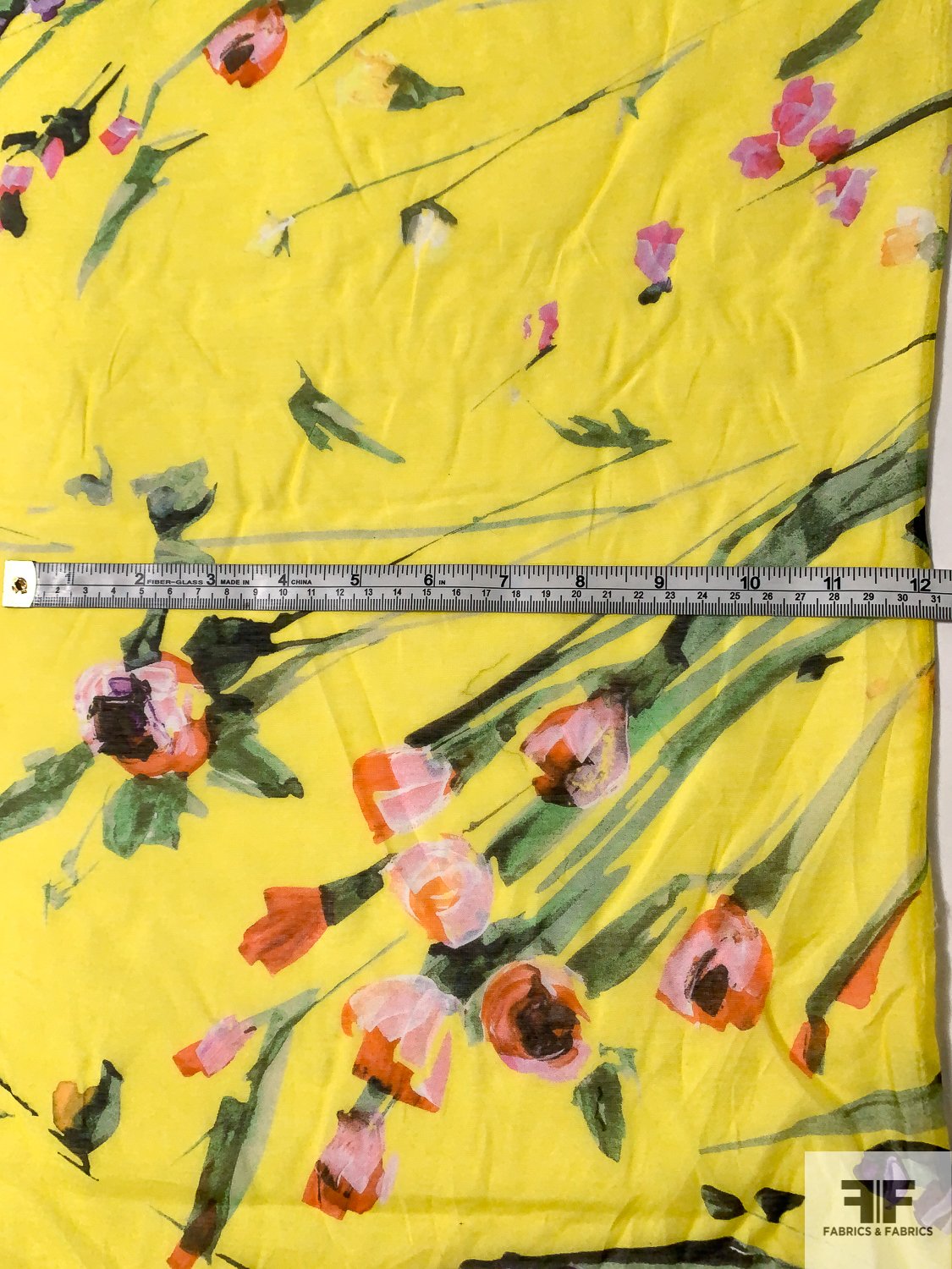 Italian Floral Stems Printed Silk and Cotton Voile - Summer Yellow / Greens / Pinks