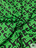 Art Deco Interlocking Lattice Printed Stretch Cotton Sateen - Green / Black
