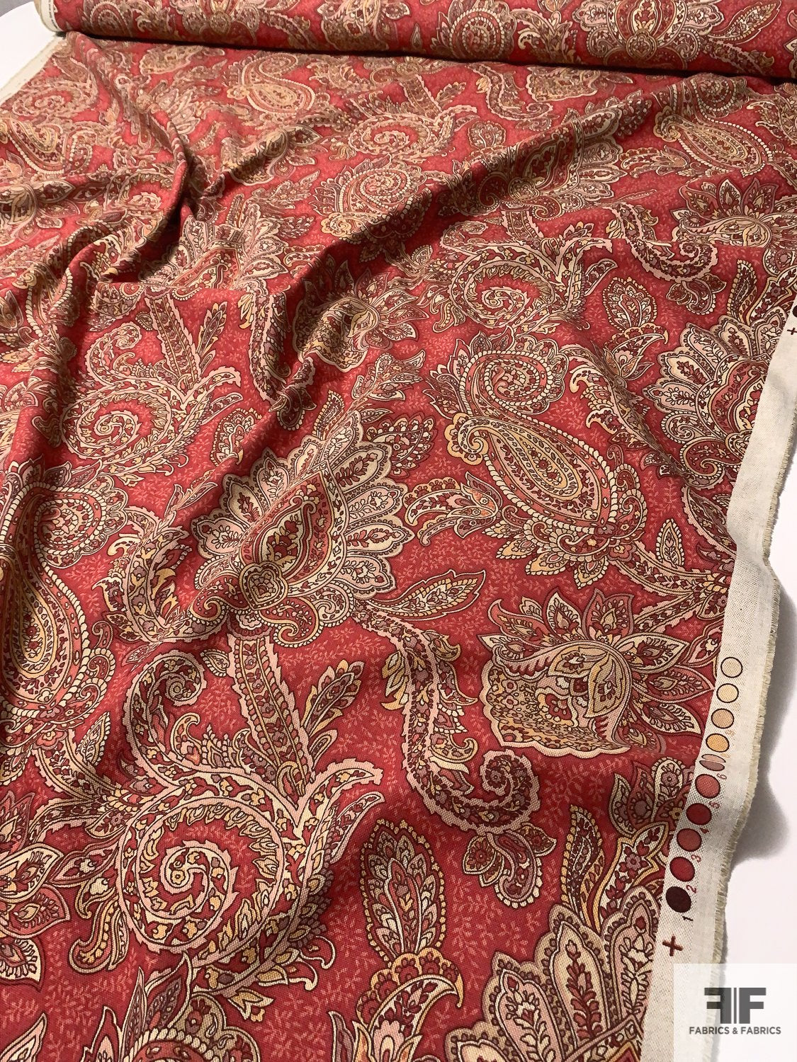 Ornate Paisley Printed Cotton-Linen - Cranberry / Tans / Yellow