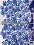 Double Border Painterly Floral Printed Stretch Cotton Sateen - Dark Perwinkle / Shades of Pink / White