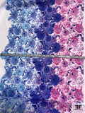 Double Border Painterly Floral Printed Stretch Cotton Sateen - Dark Perwinkle / Shades of Pink / White