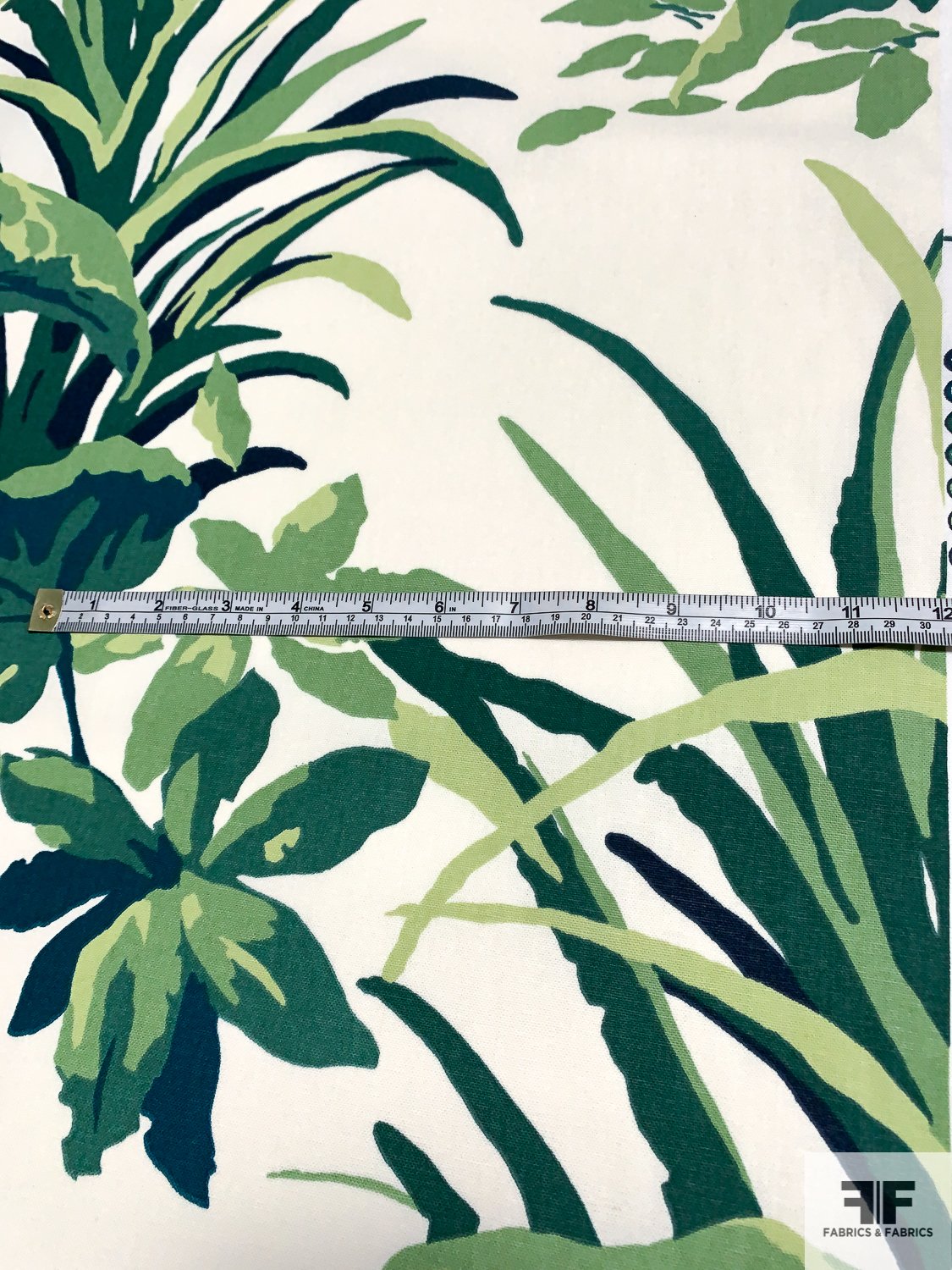 Home Decorative and Apparel-Weight Tropical Long Leaf Printed Cotton Canvas - Shades of Green / Off-White