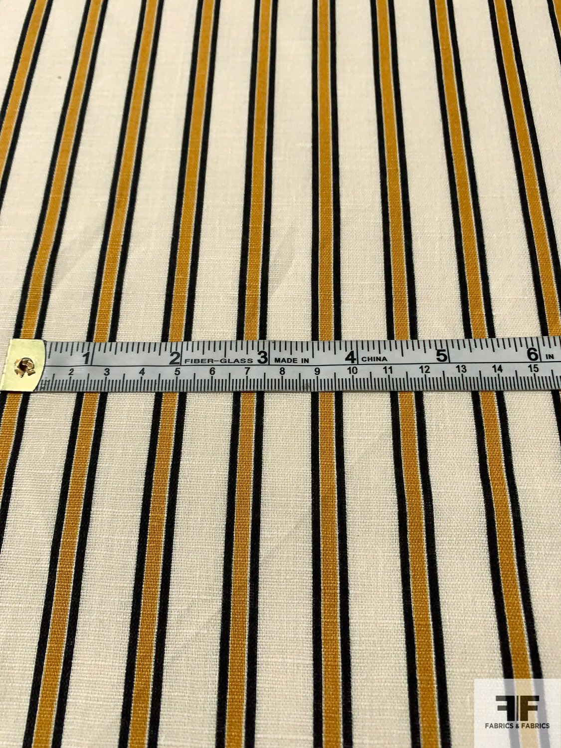 Italian Vertical Striped Printed Linen Rayon - Mustard / Navy / Ivory
