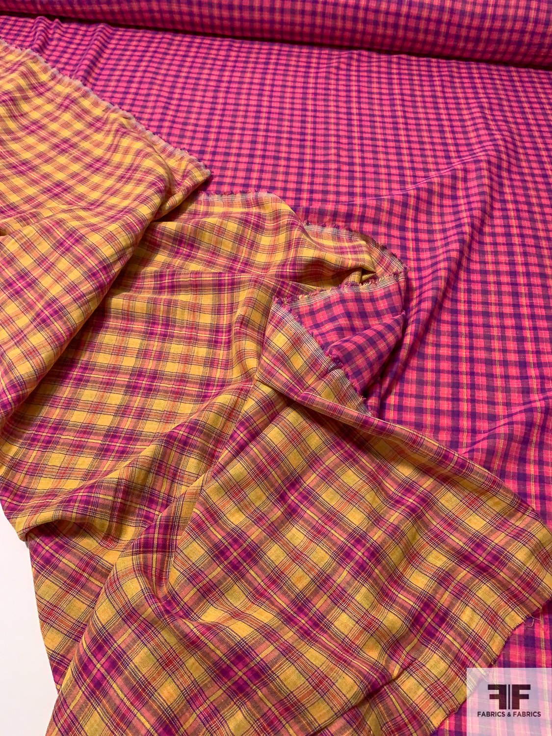2-Ply Double Sided Plaid Cotton Voile - Hot Pink / Purple / Yellow