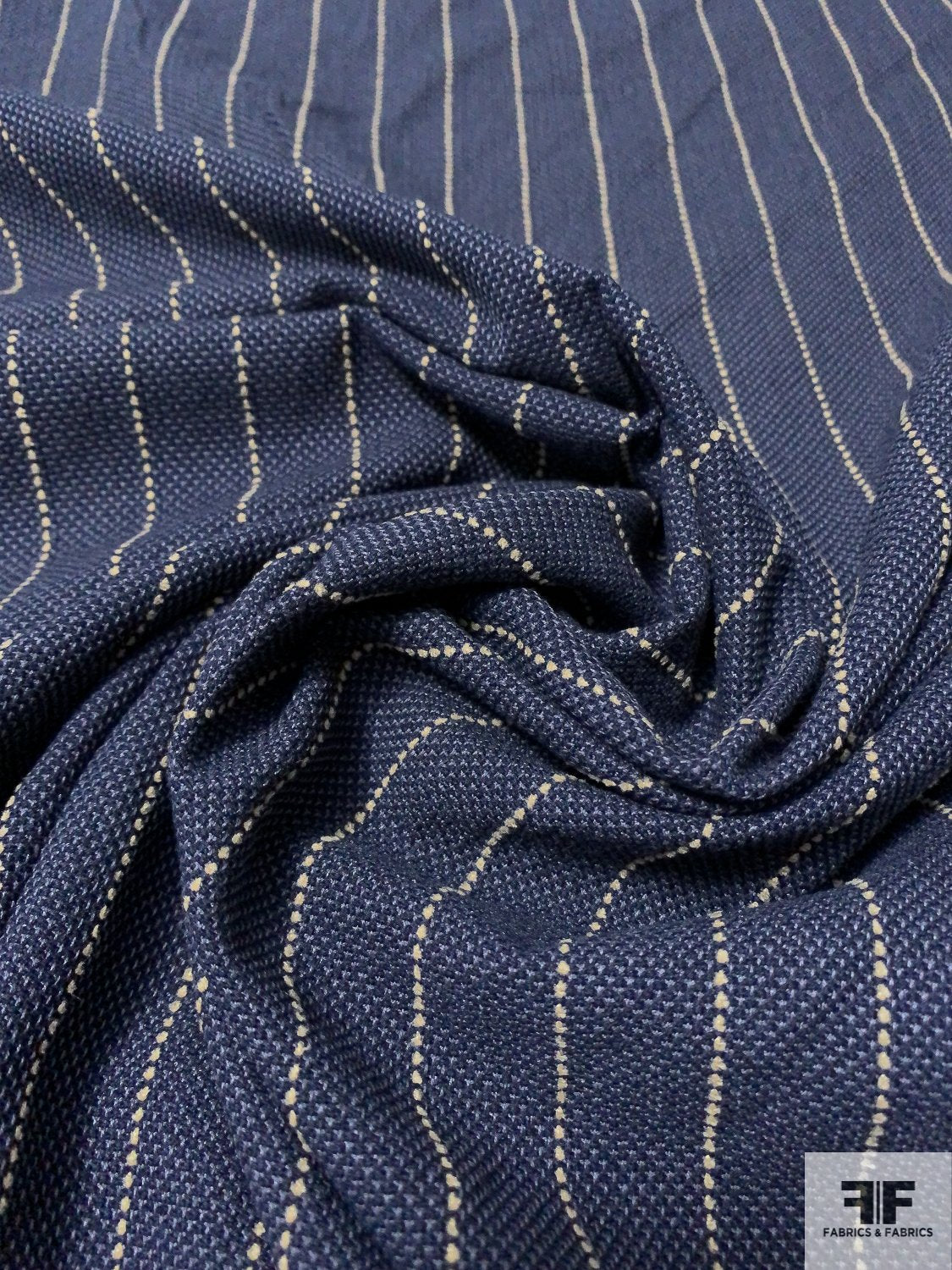 Vertical Striped Rayon-Linen Blend Suiting - Navy / Light Purple / Tan