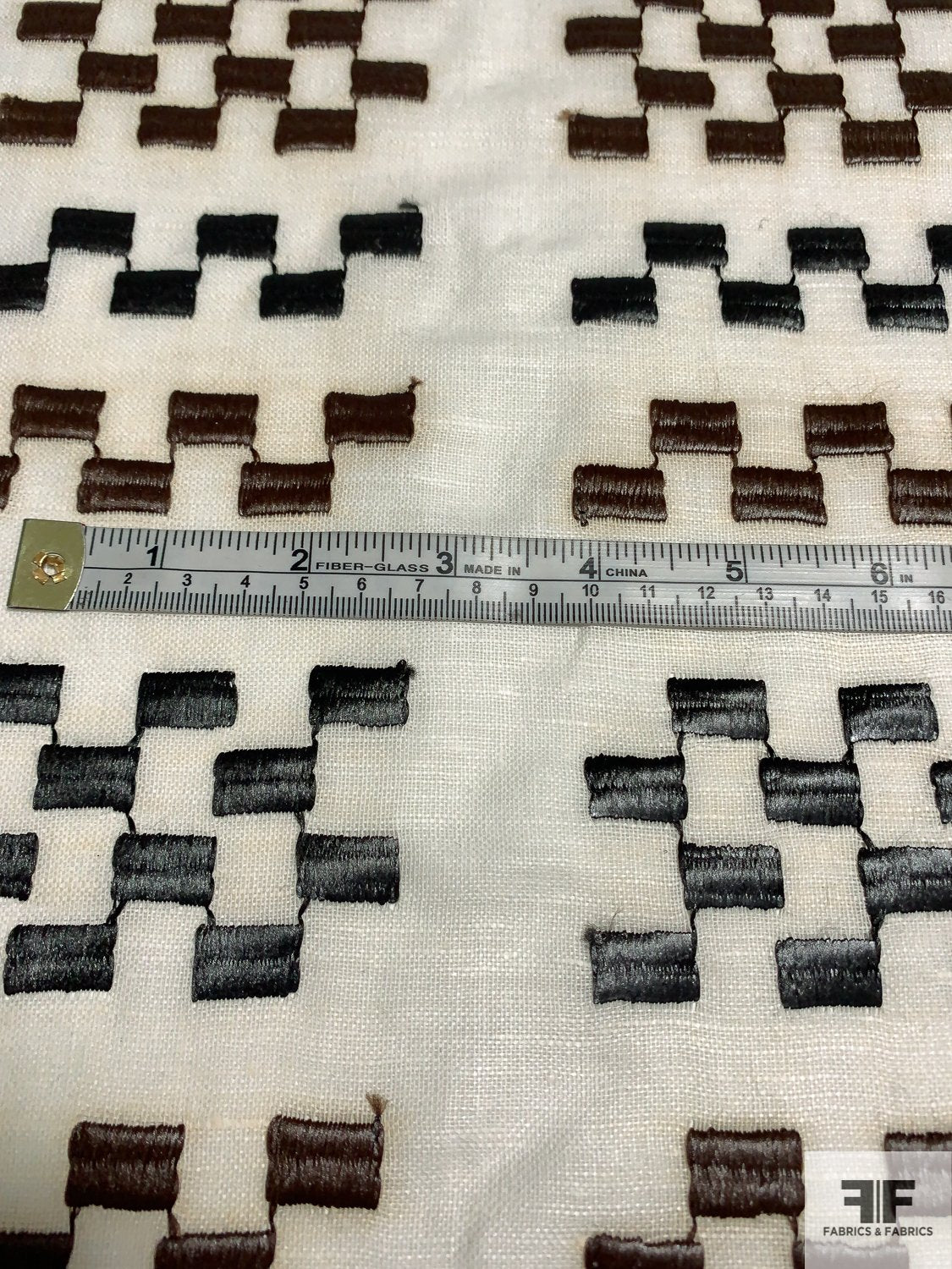 Embroidered Geometric Pattern Handkerchief Linen - Brown / Black / Ivory
