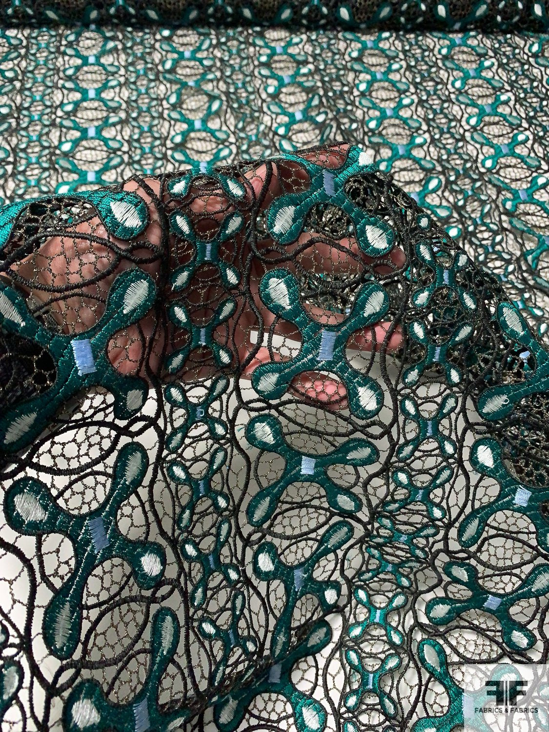 Art Deco with Gold Lurex Guipure Lace - Teal Green / Black / White / Gold