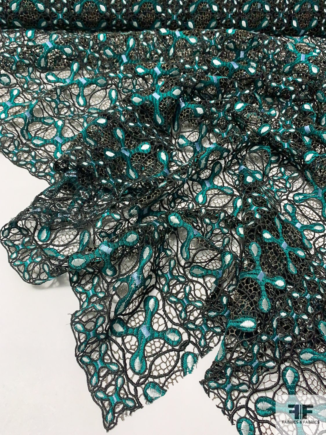 Art Deco with Gold Lurex Guipure Lace - Teal Green / Black / White / Gold