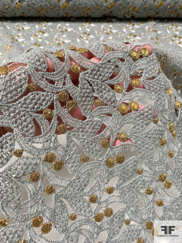 French Leaf Design Guipure Lace with Lurex Circles - Stone Grey/Gold ...