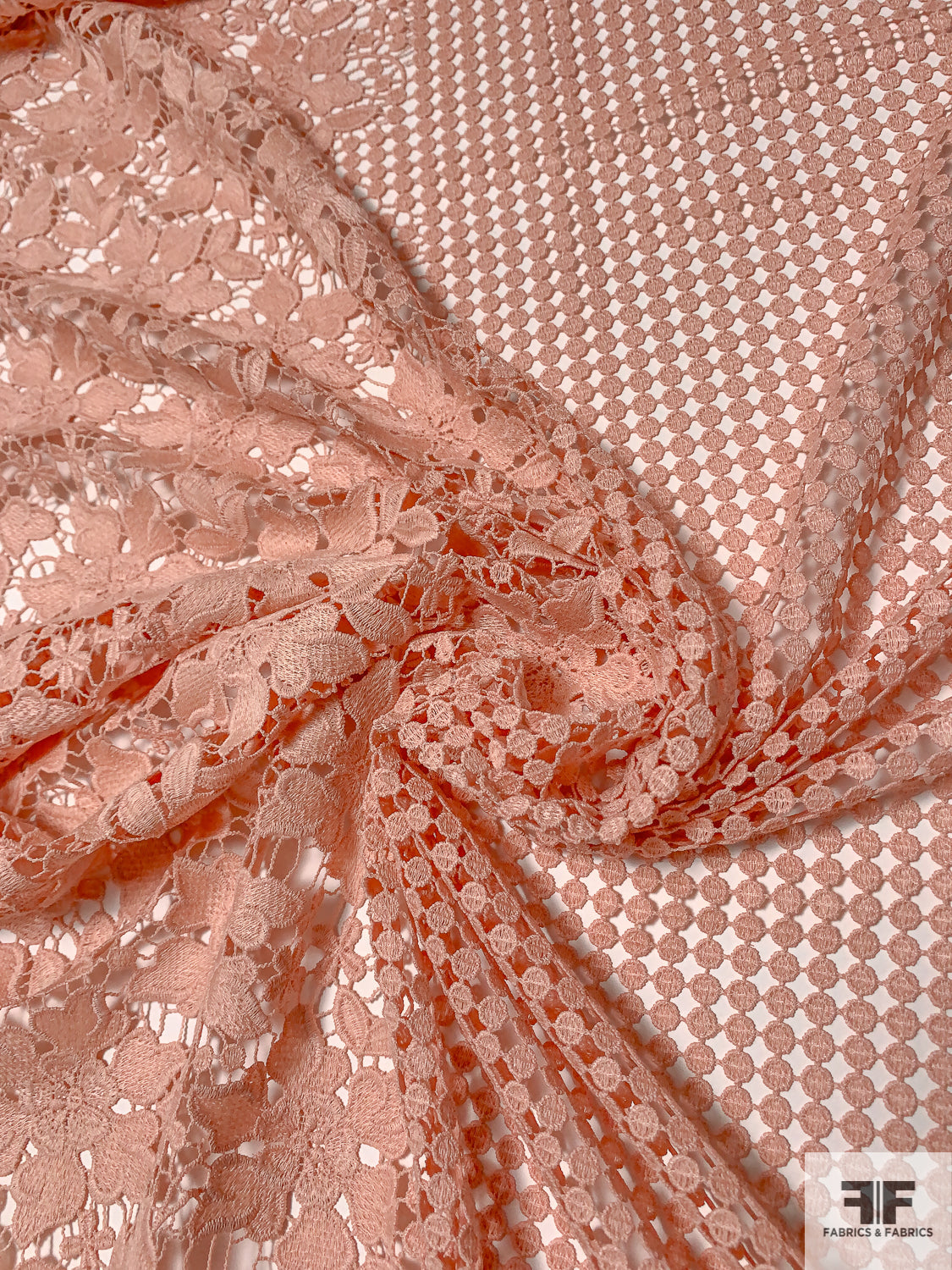 Circle Grid and Floral Border Pattern Guipure Lace - Blush Peach