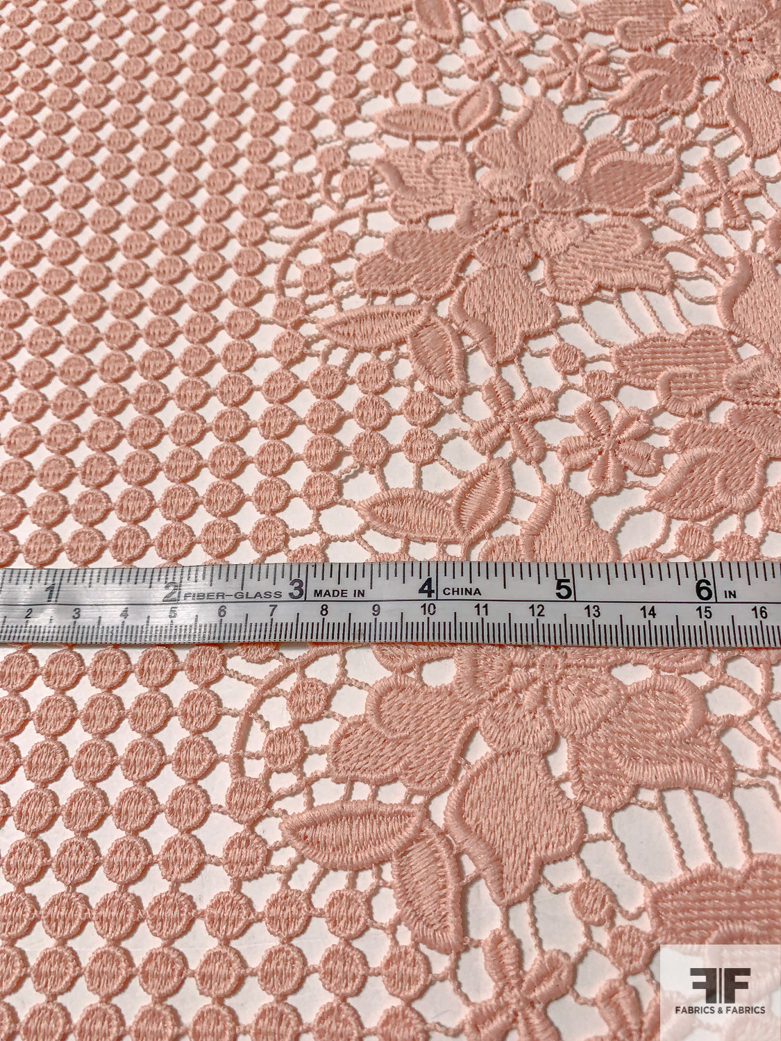Circle Grid and Floral Border Pattern Guipure Lace - Blush Peach