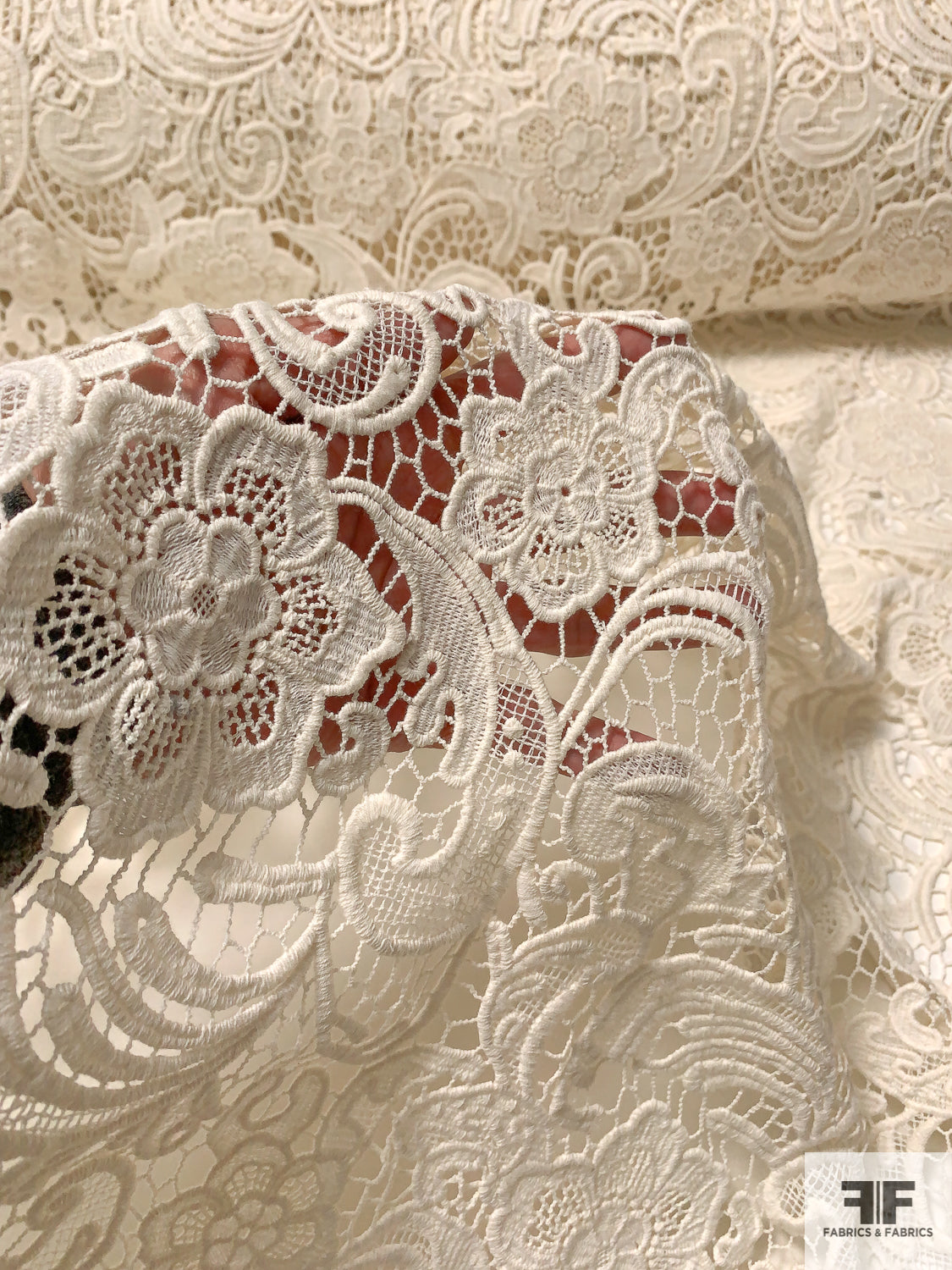 Cream Cotton Lace Fabric With Daisy Flowers, Guipure Lace Fabric