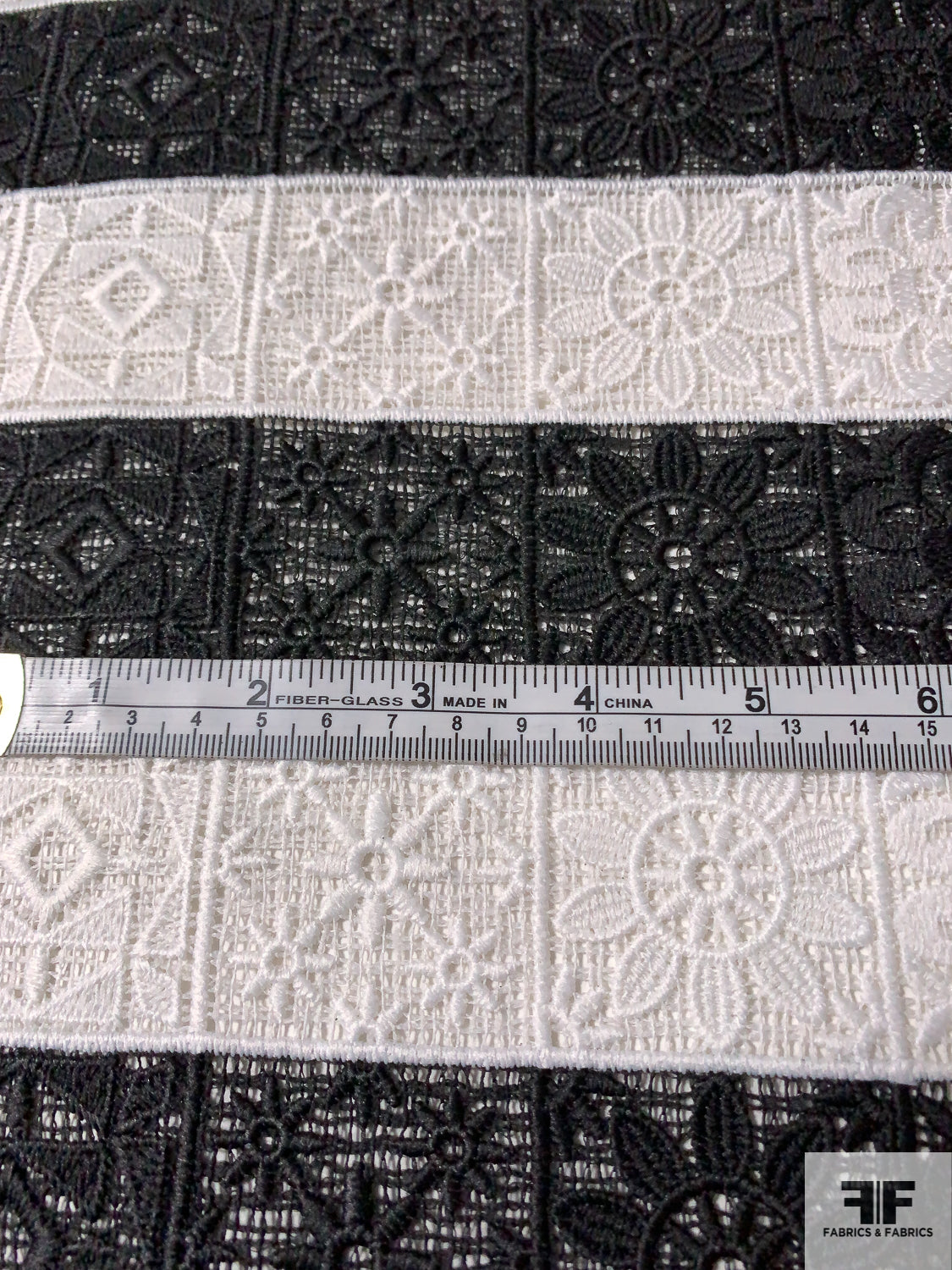 Horizontal Grid Striped Multi-Pattern Guipure Lace - Black / White