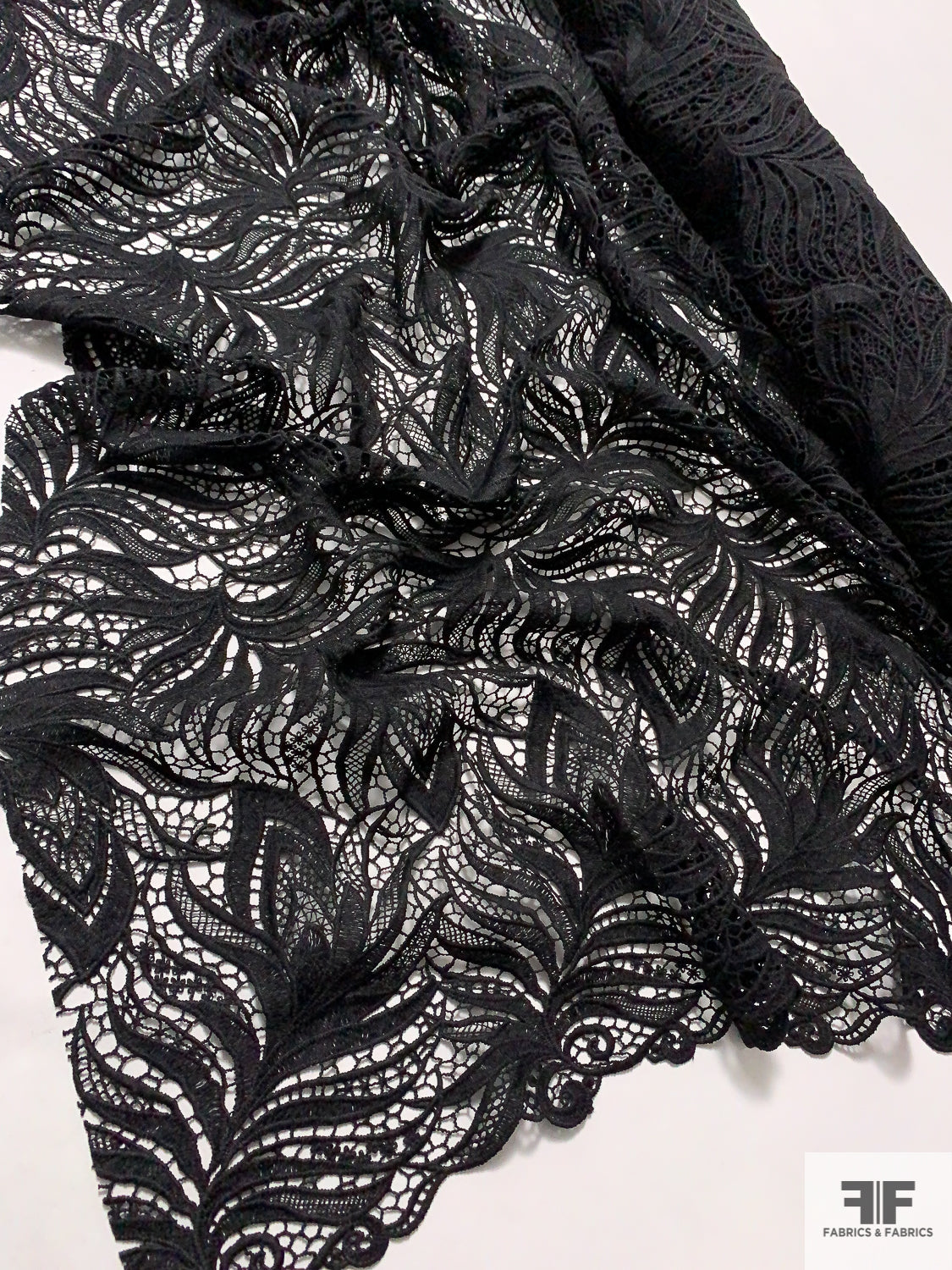 Double-Scalloped Exotic Leaf Guipure Lace - Black