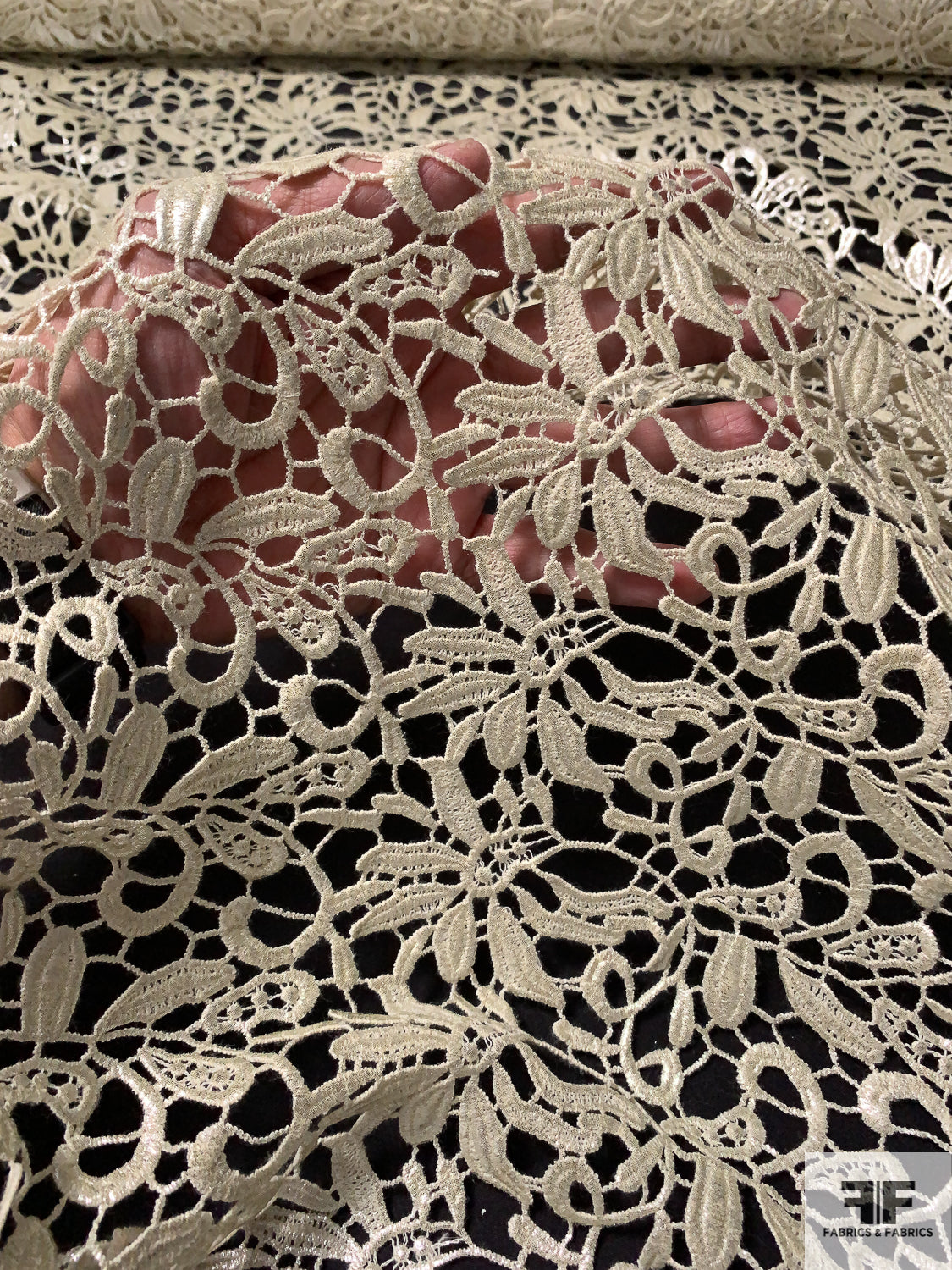 Double-Scalloped Foil Printed Floral Guipure Lace - Natural
