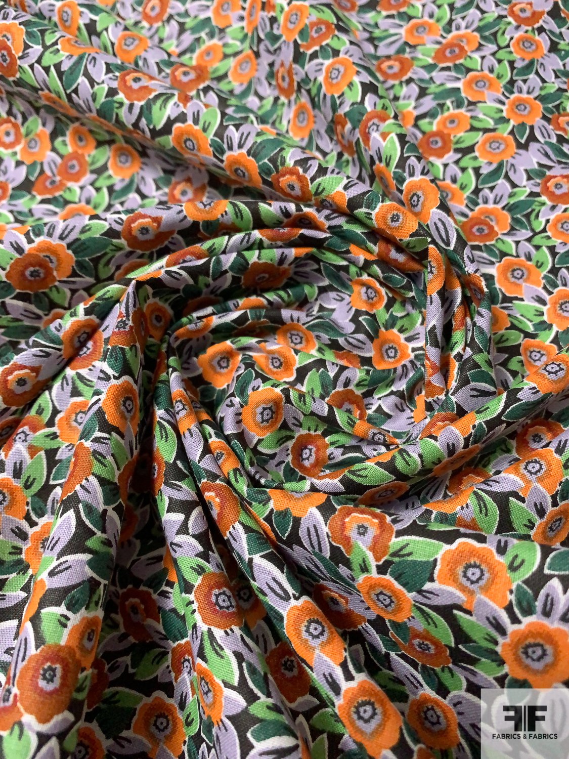 Small Floral Field Printed Cotton Lawn - Turmeric / Cinnamon / Periwinkle / Green