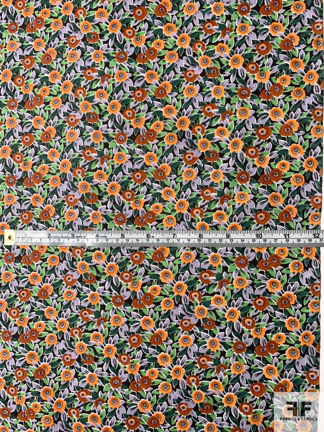 Small Floral Field Printed Cotton Lawn - Turmeric / Cinnamon / Periwinkle / Green