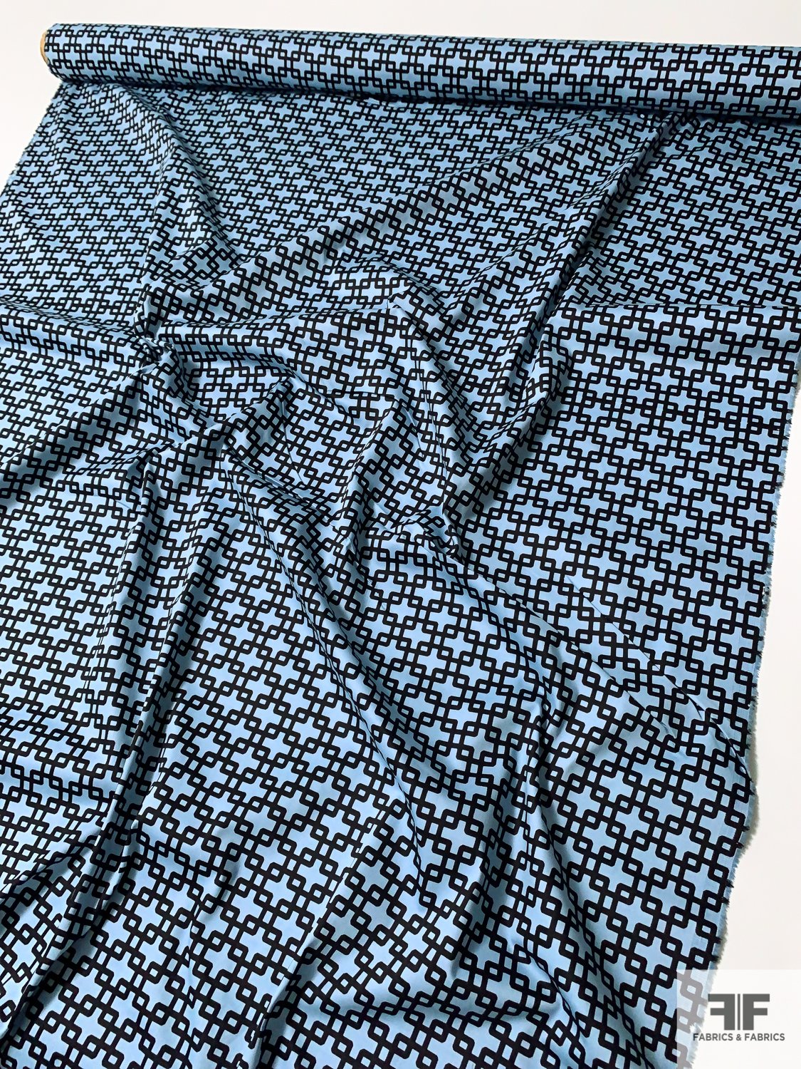 Art Deco Interlocking Pattern Printed Stretch Cotton Sateen - Sky Blue / Black