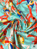 Tropical Fish and Coral Printed Stretch Cotton Sateen - Aqua / Multicolor