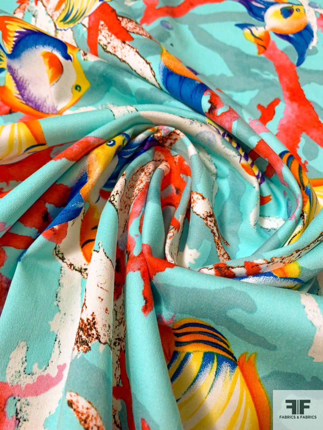 Tropical Fish and Coral Printed Stretch Cotton Sateen - Aqua / Multicolor