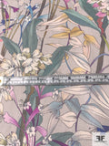 Floral Stalks Printed Stretch Cotton Twill - Dusty Teal / Dusty Coral / Orchid / Grey